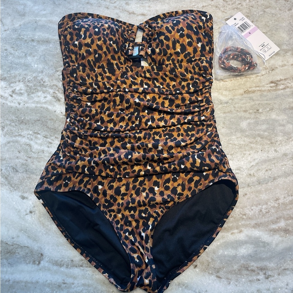 NWT 6 Anne Cole Leopard Print Strapless Swimsuit (optional halter strap)